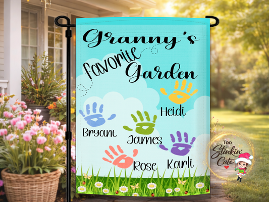 Personalized Granny’s Favorite Garden flag with colorful handprints