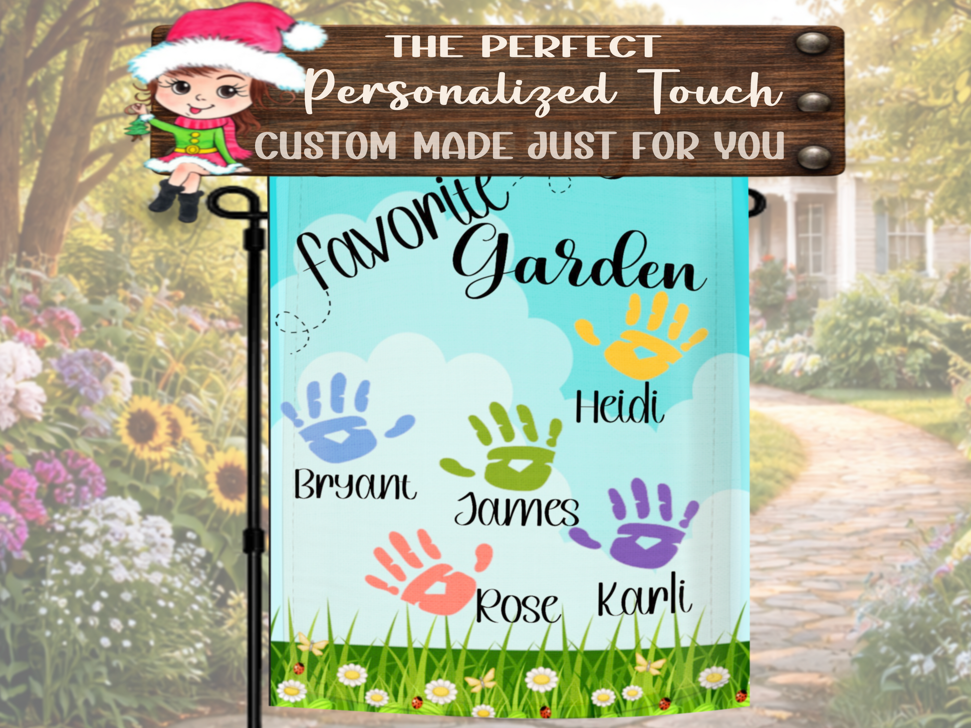 Weather resistant grandma yard flag with personalized handprints