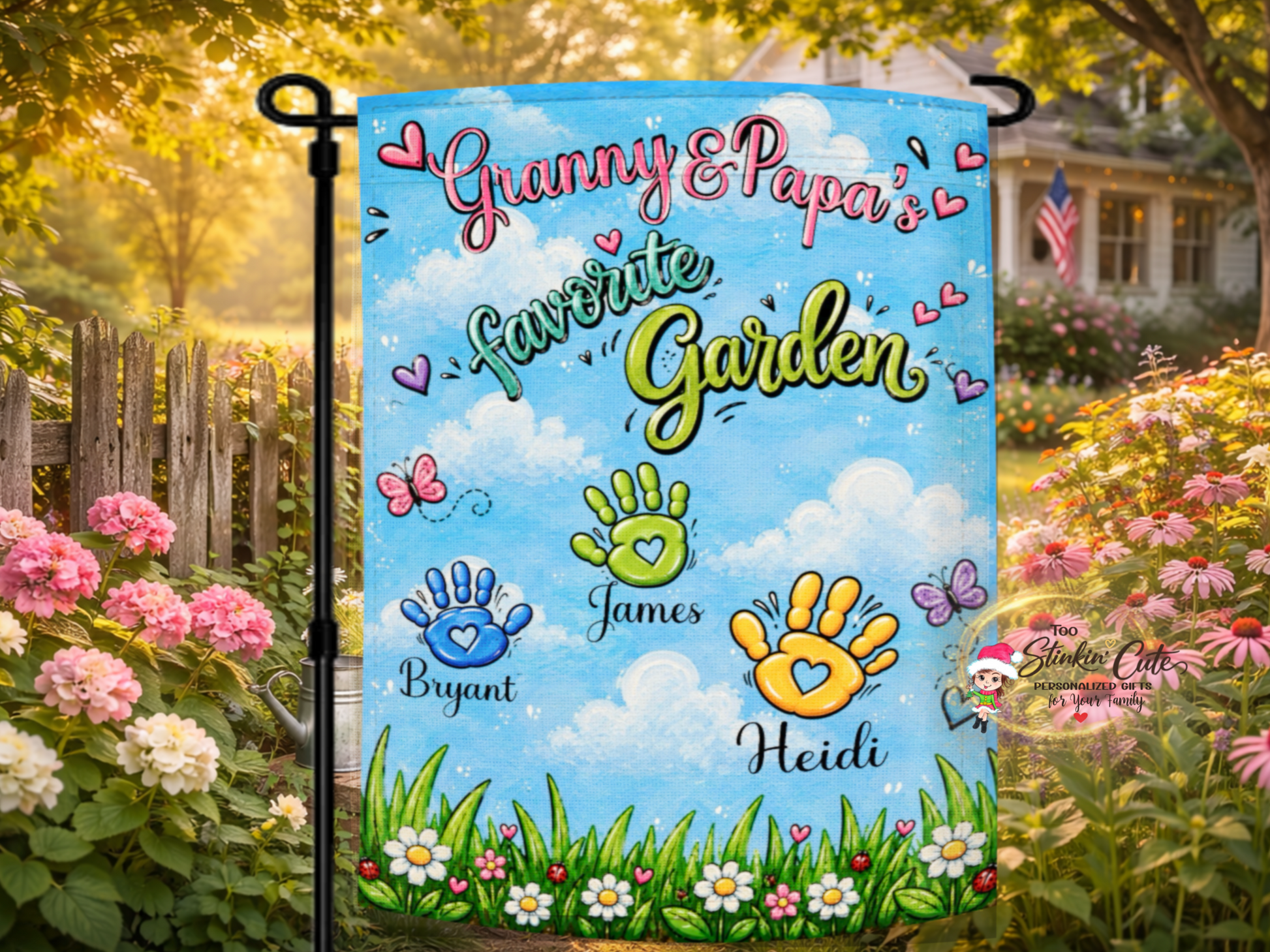 Personalized Grandma and Papa’s favorite garden flag with colorful handprints and grandchildren’s names