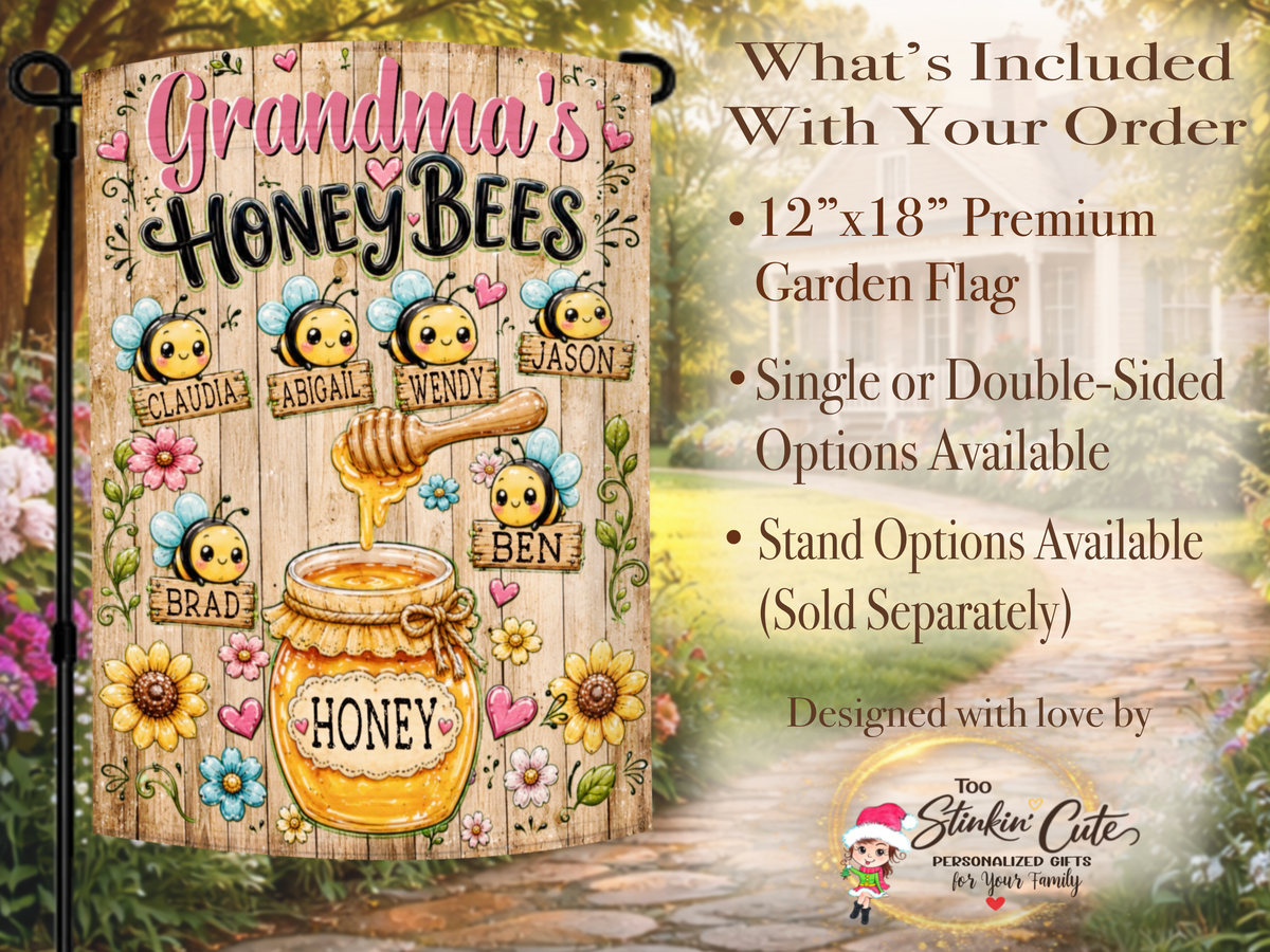 Custom Grandma honey jar garden flag decorated with bees, sunflowers, hearts, and names