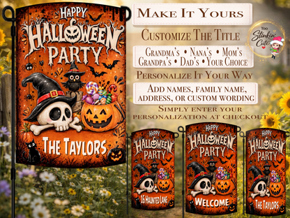 Custom family name Halloween garden flag with a cute skull wearing a witch hat and a candy-filled jack-o’-lantern.