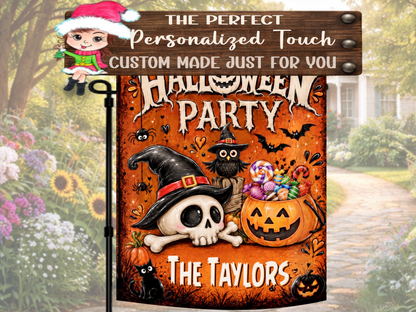 Custom Halloween Party outdoor flag for trick-or-treat displays, porches, gardens, yards, and walkways.