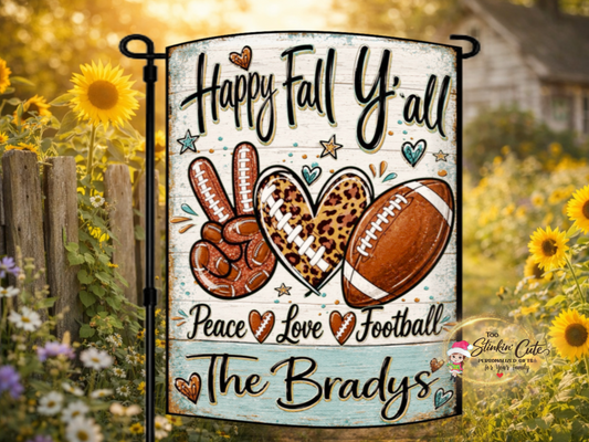 Custom game-day porch flag featuring Peace Love Football artwork