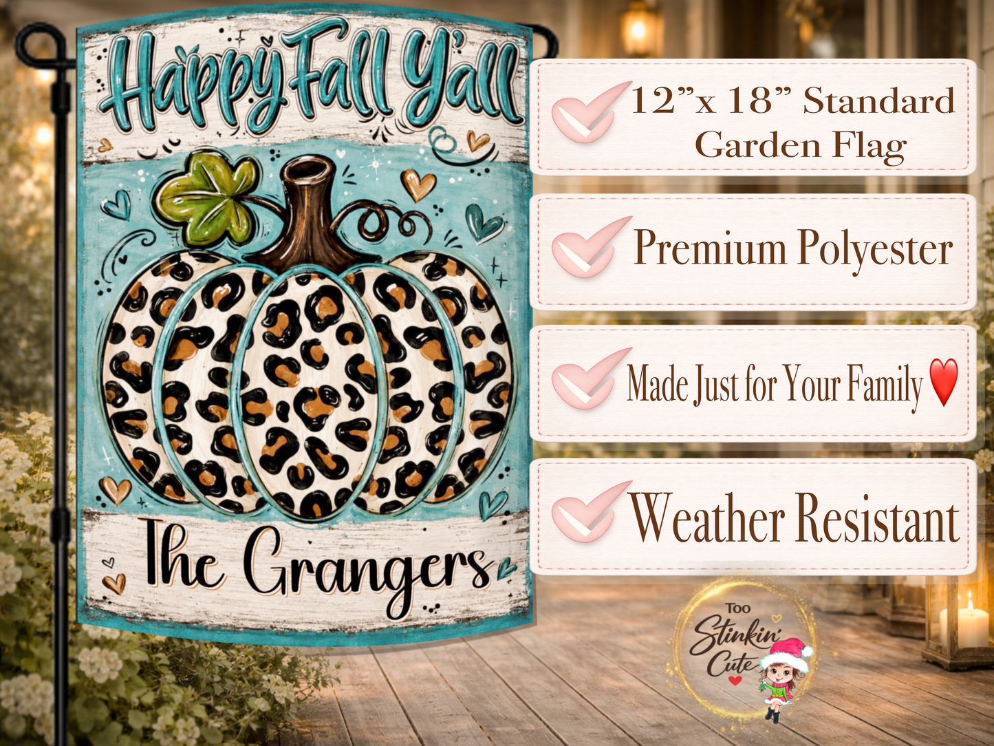 Turquoise and leopard pumpkin garden flag featuring decorative hearts and customized family wording.