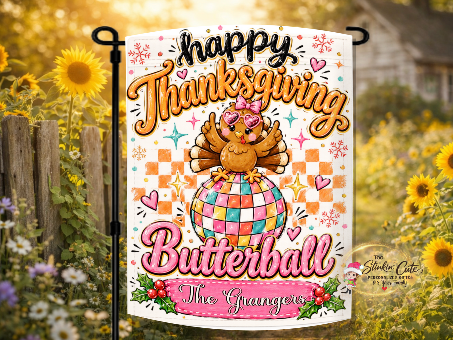 Personalized Happy Thanksgiving turkey garden flag featuring a cute turkey wearing pink heart-shaped glasses and sitting on a colorful retro checkerboard ball.