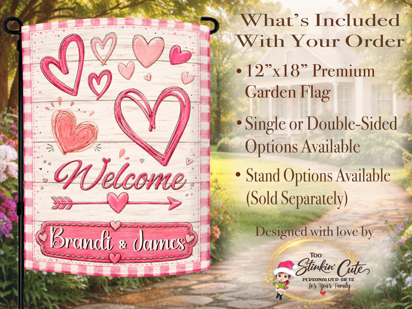 Boutique-style Valentine garden flag featuring a rustic whitewashed background
