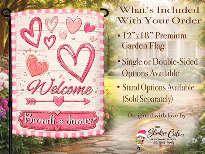 Boutique-style Valentine garden flag featuring a rustic whitewashed background