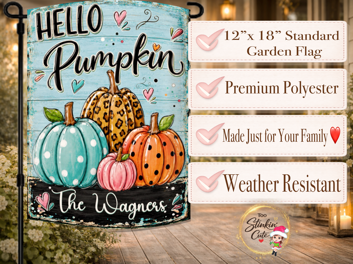Leopard-print pumpkin garden flag with bright turquoise, pink, orange, and black accents.