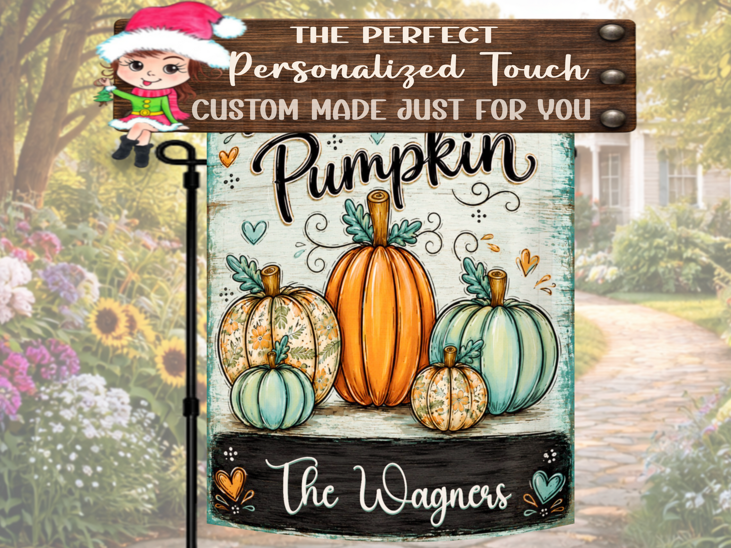 Farmhouse fall yard flag with colorful pumpkins, decorative hearts, and personalized family name.