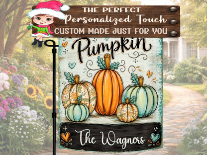 Farmhouse fall yard flag with colorful pumpkins, decorative hearts, and personalized family name.