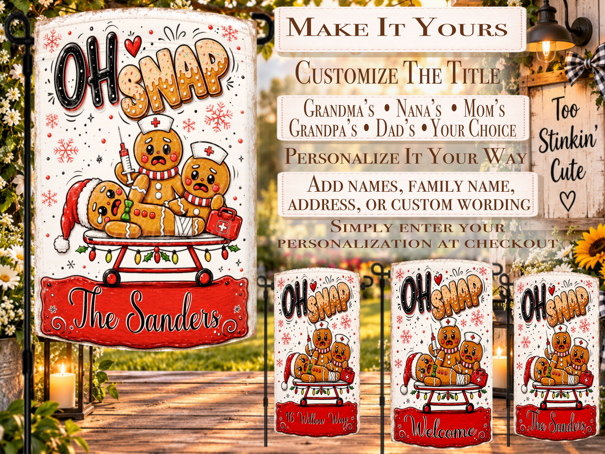 Funny gingerbread Christmas yard flag with bold Oh Snap lettering, medical accessories, festive snowflakes, holly, and colorful holiday lights.