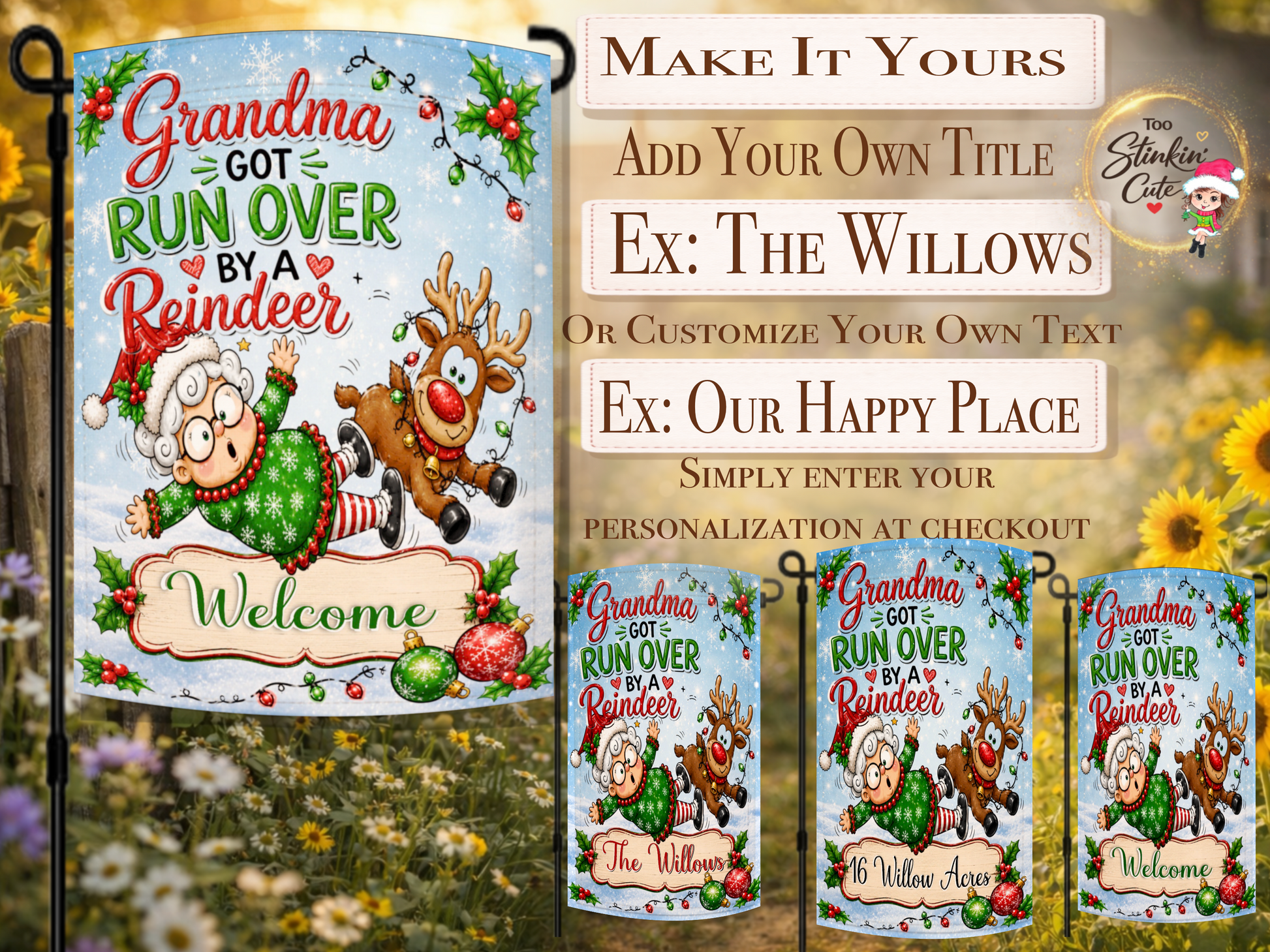 Funny personalized Christmas garden flag with grandma and reindeer