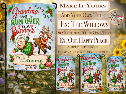 Funny personalized Christmas garden flag with grandma and reindeer