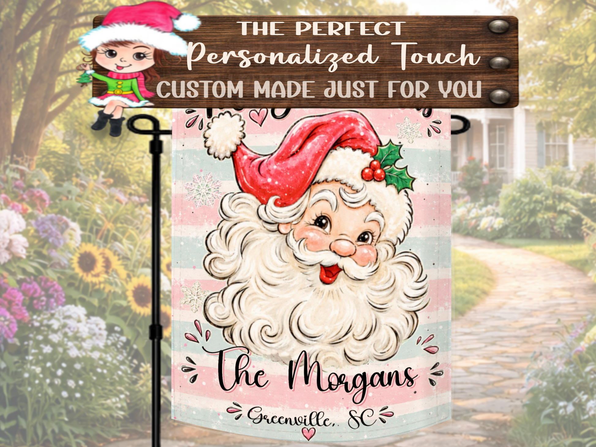 Personalized vintage Santa yard flag created for a Christmas-loving family