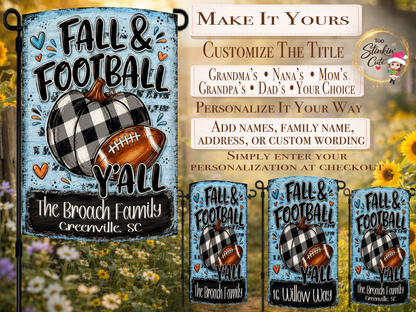 Custom football family yard flag featuring a black-and-white plaid pumpkin