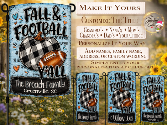 Custom football family yard flag featuring a black-and-white plaid pumpkin