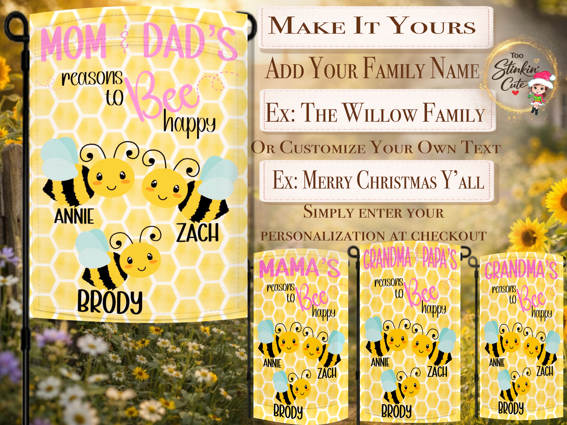 Cute bee happy family yard flag with honeycomb background design