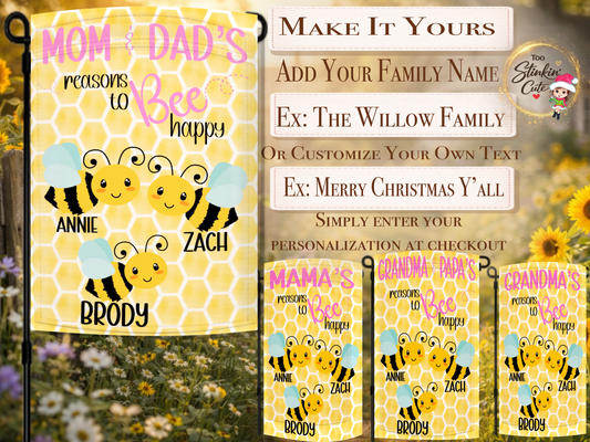 Cute bee happy family yard flag with honeycomb background design