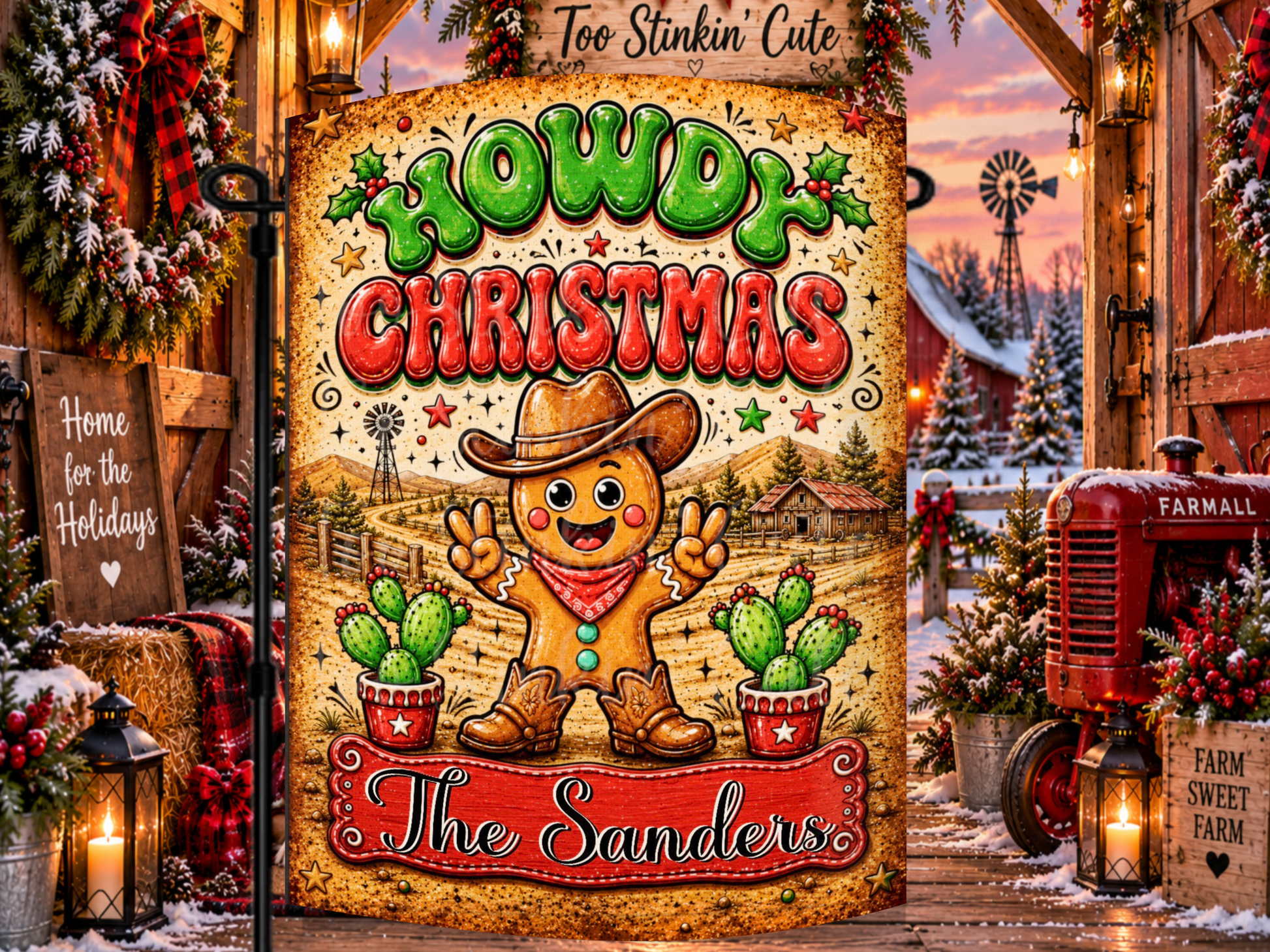 Personalized Howdy Christmas garden flag featuring a smiling gingerbread cowboy, festive cactus plants, and a custom family name plaque.