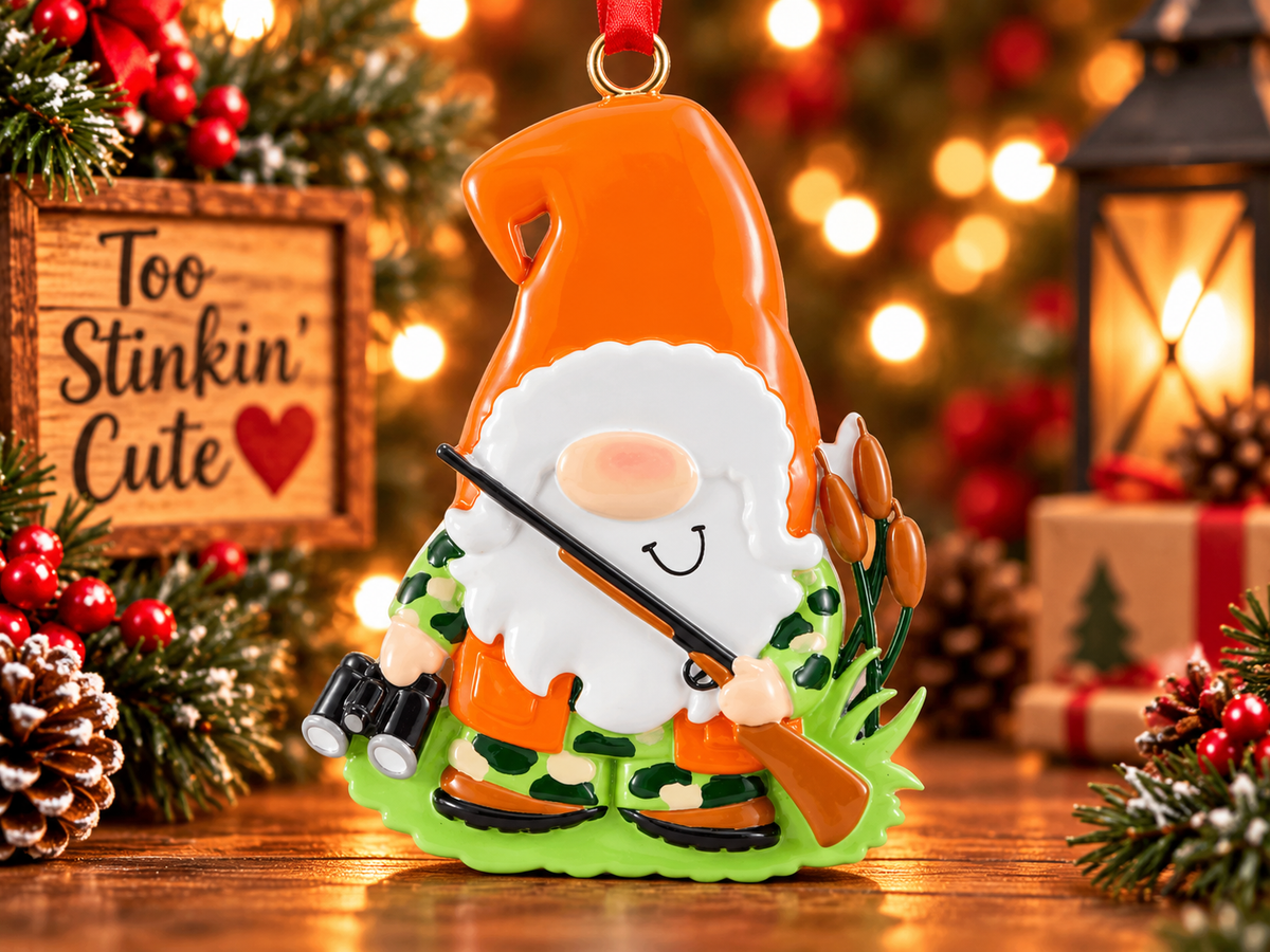 Outdoor gnome Christmas ornament holding binoculars beside grass and brown cattails.