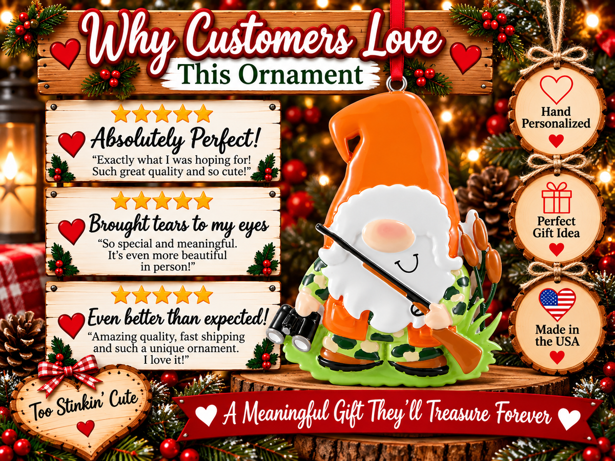 A festive Christmas ornament graphic with a gnome character in camouflage holding a bow and arrow, surrounded by holiday decorations and text callouts such as 'Why Customers Love This Ornament,' 'Absolutely Perfect!', 'Brought tears to my eyes,' 'Even better than expected!', 'Too Stinkin' Cute,' 'A Meaningful Gift They'll Treasure Forever,' and 'Hand Personalized / Perfect Gift Idea / Made in the USA.'.