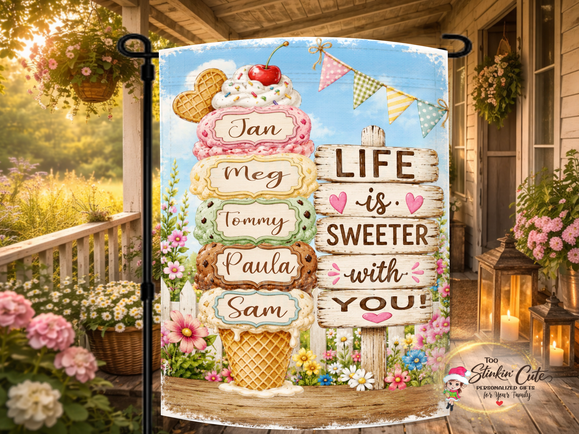 Personalized ice cream garden flag with grandkids' names.