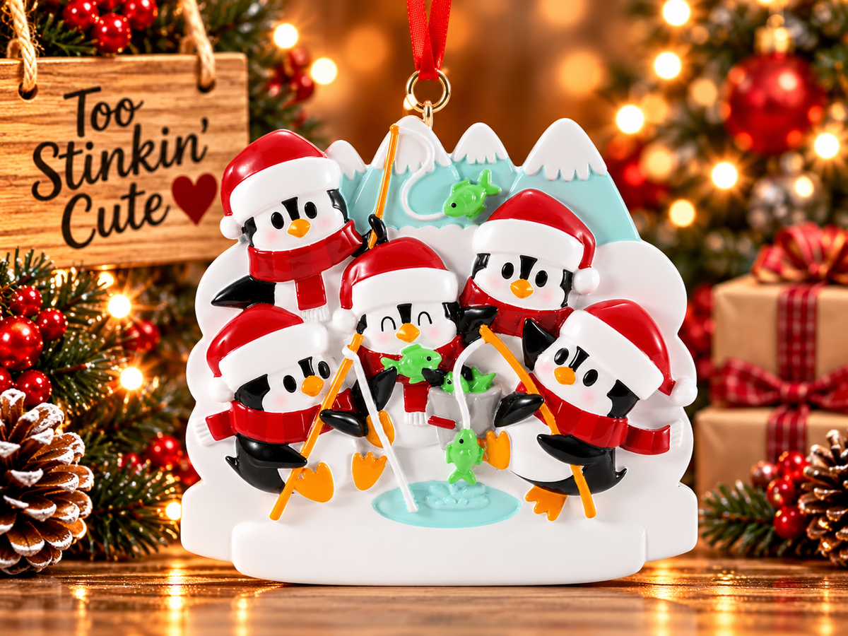 Five penguin family Christmas ornament displayed beside a Too Stinkin’ Cute wooden sign and holiday decorations.