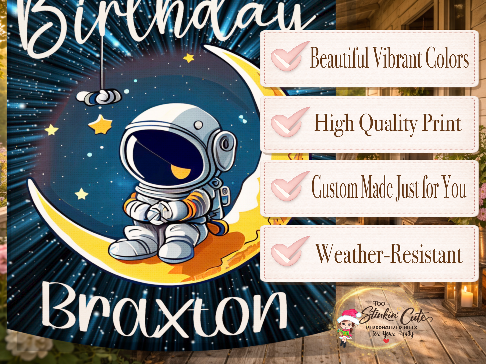 Custom astronaut birthday party garden flag for outdoor birthday decorations