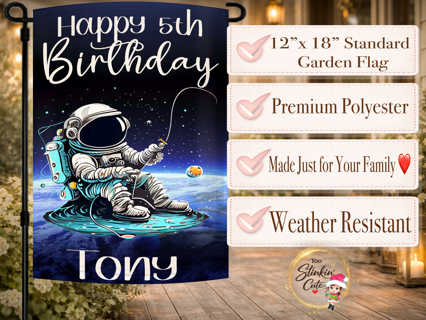Custom birthday garden flag for boys space themed birthday party