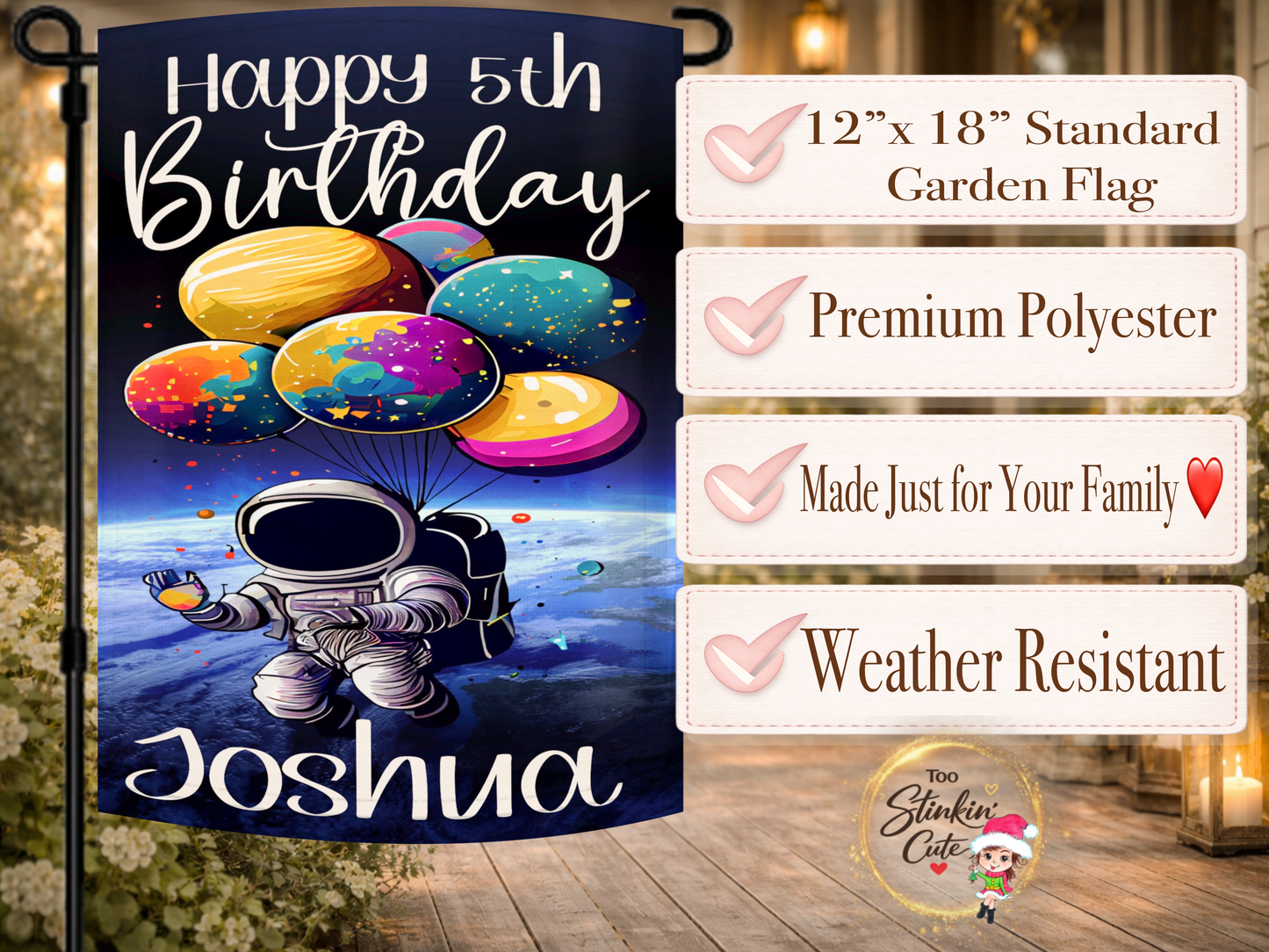 Personalized birthday garden flag for space themed birthday party celebration