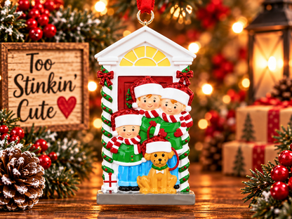 Personalized family of five with dog Christmas ornament displayed in a festive holiday setting