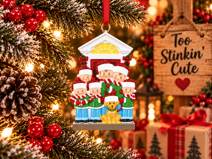 Personalized family front-door ornament featuring six relatives and their dog