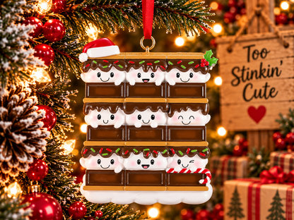 Christmas s’mores family ornament with red and green sprinkles and a striped candy cane.