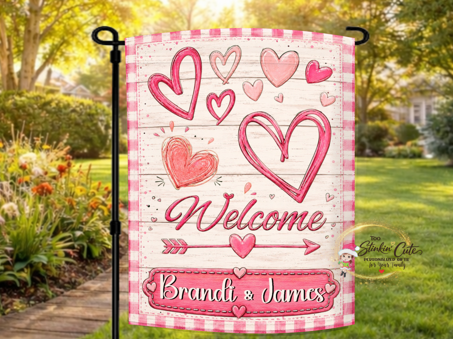 Personalized Valentine welcome garden flag featuring Brandi and James