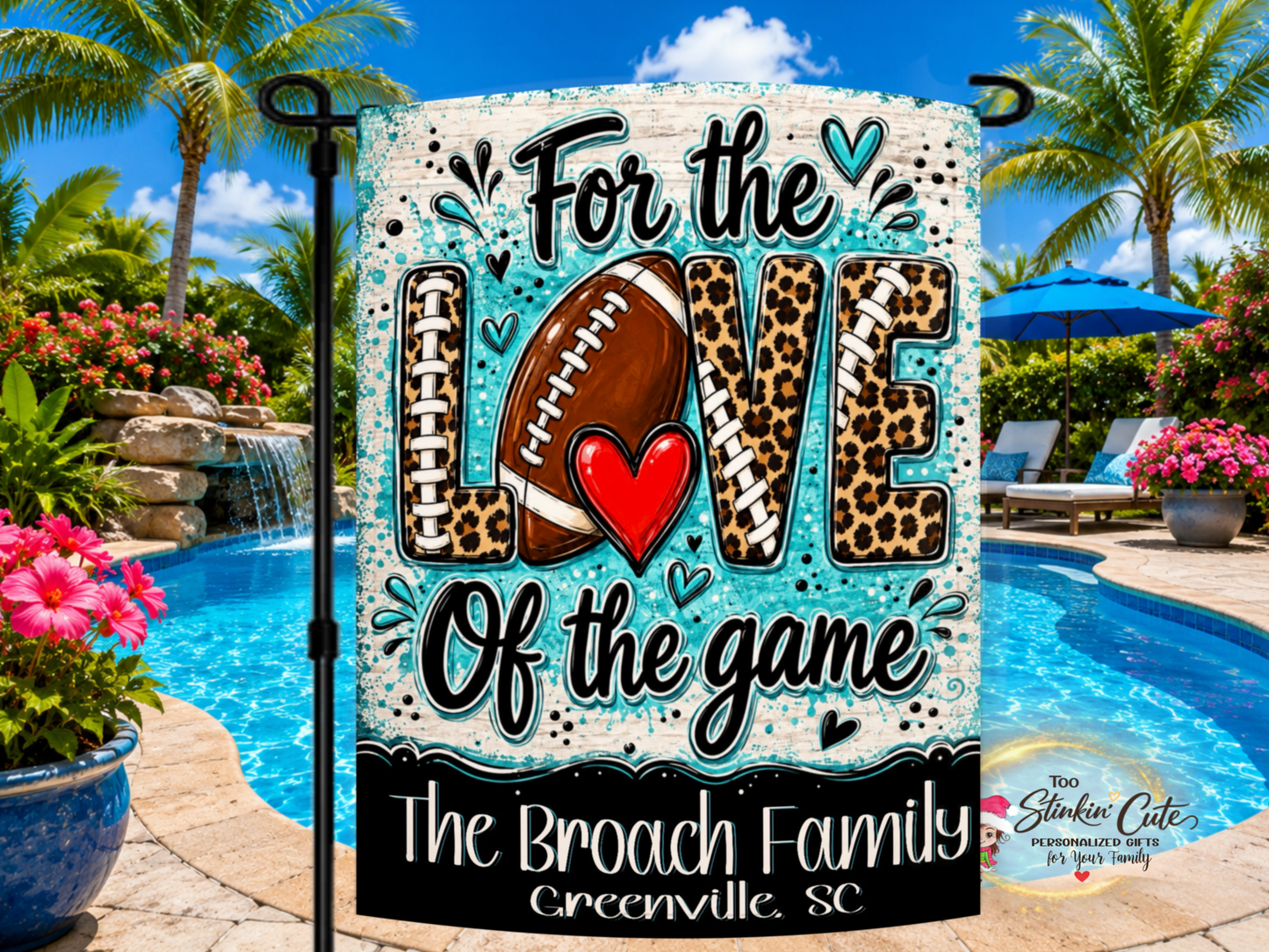 Personalized For the Love of the Game football garden flag with family name and hometown