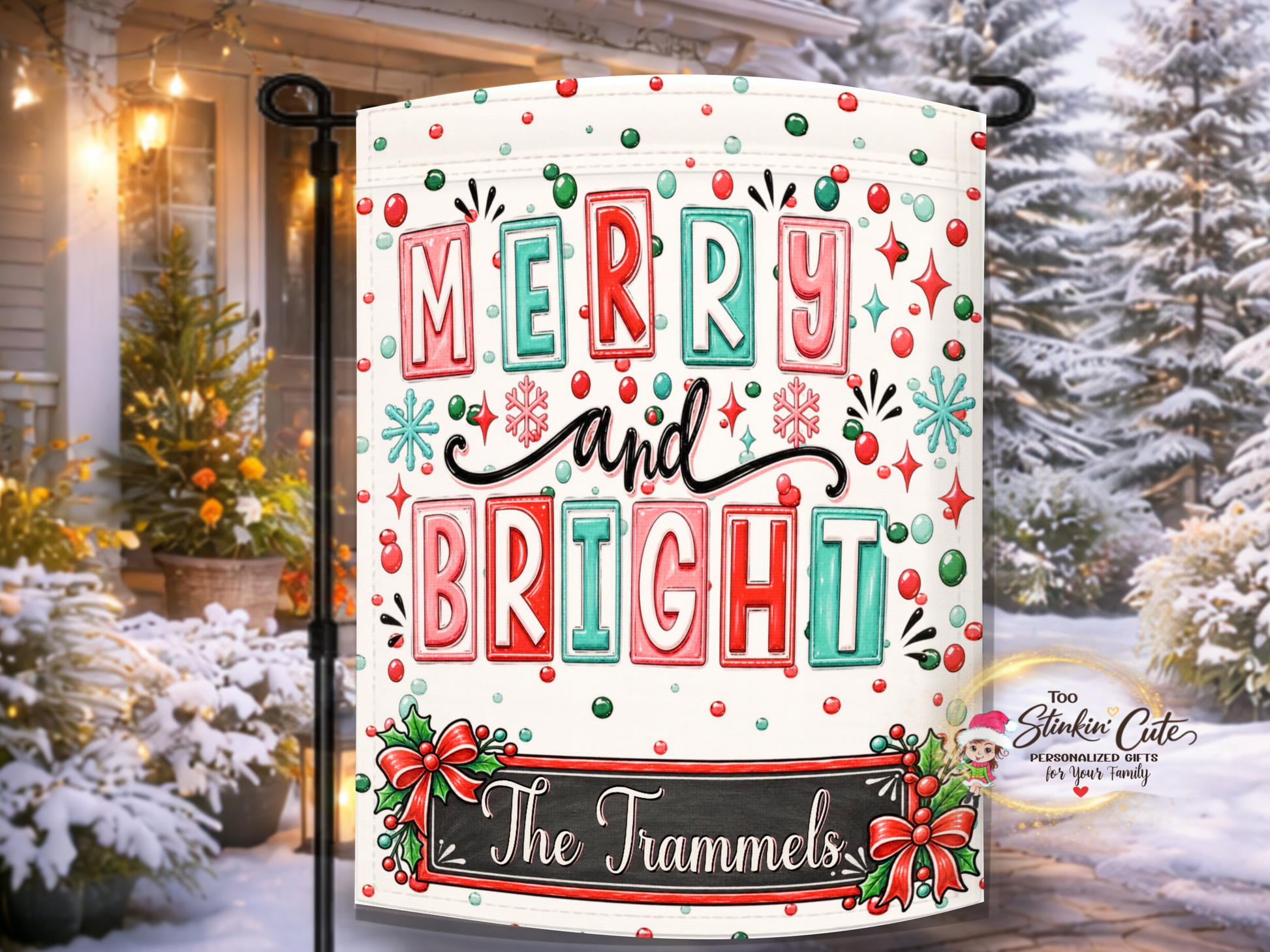 Personalized Merry and Bright Christmas garden flag featuring colorful retro block lettering, snowflakes, dots, sparkles, holly, bows, and a custom family name.