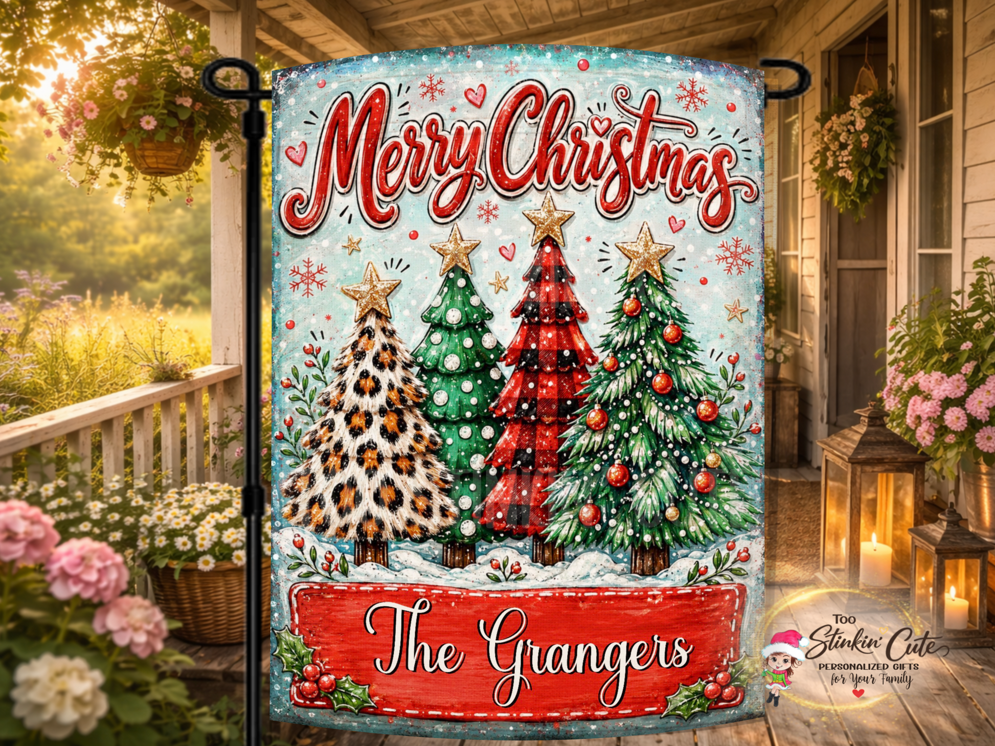 Personalized Merry Christmas garden flag featuring four whimsical Christmas trees decorated with leopard print, green polka dots, red and black buffalo plaid, and colorful ornaments.