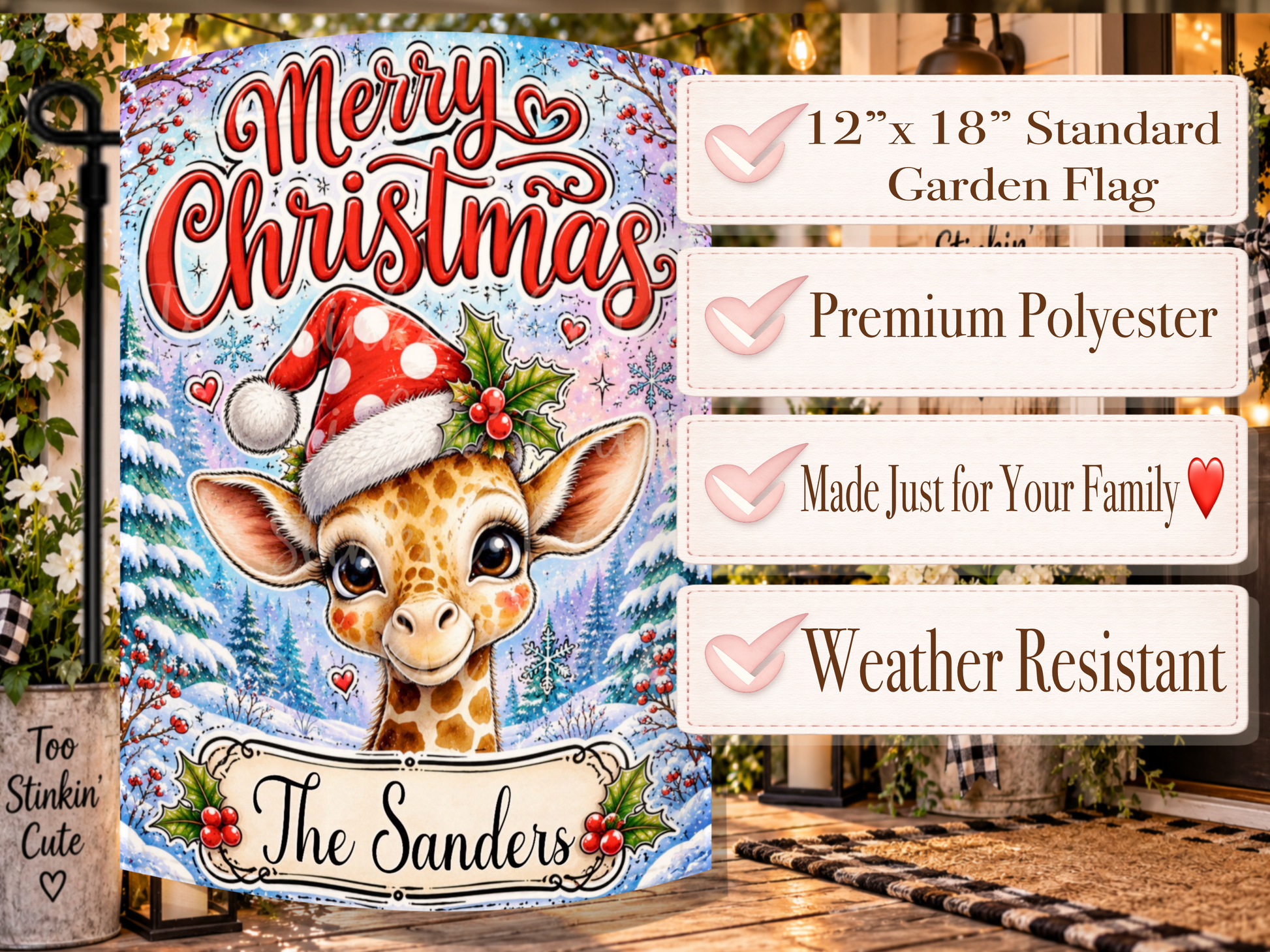 Personalized animal Christmas porch flag with a smiling giraffe wearing a fluffy Santa hat decorated with holly and berries.