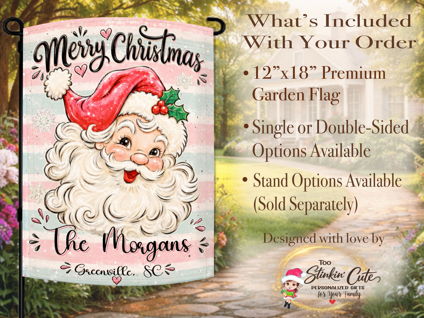 Boutique-style Christmas garden flag featuring soft pink and mint stripes