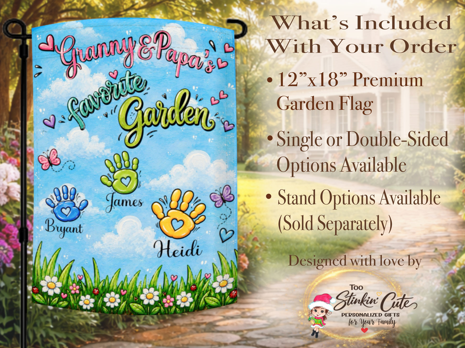 Custom grandparent garden flag with a personalized family title, nickname, and children’s names
