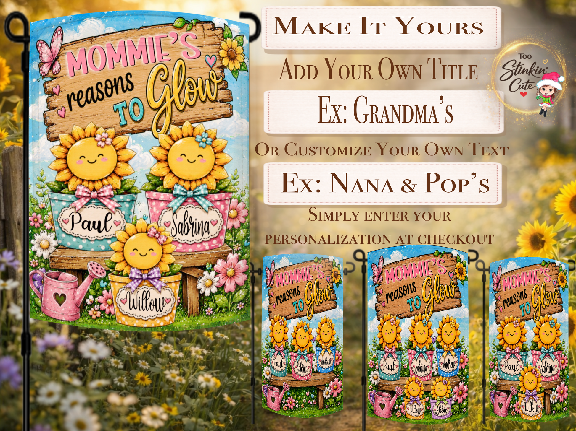 Custom sunflower garden flag personalized with children’s names