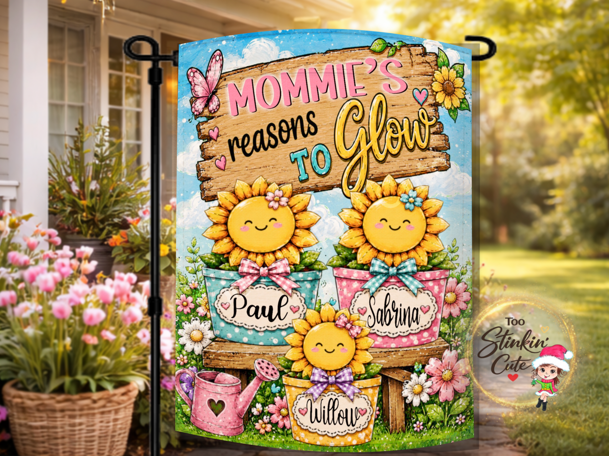 Personalized Mom’s Reasons to Glow sunflower garden flag with names
