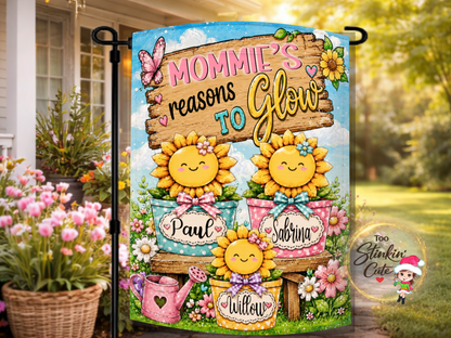 Personalized Mom’s Reasons to Glow sunflower garden flag with names