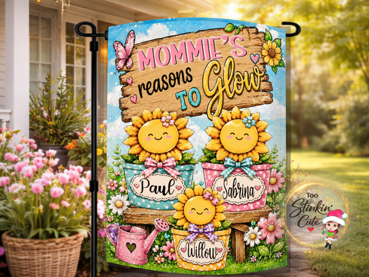 Personalized Mom’s Reasons to Glow sunflower garden flag with names