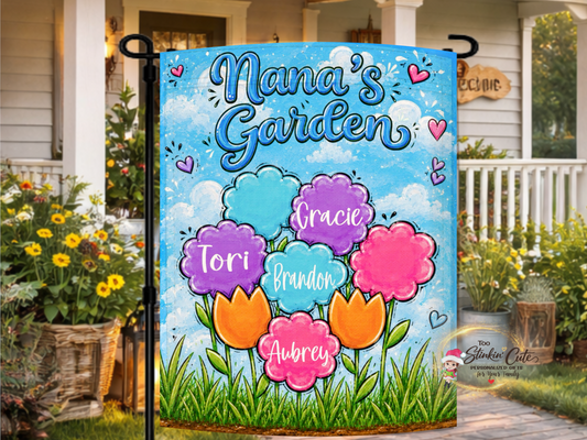 ersonalized Nana’s Garden flag featuring colorful flowers customized with children’s and grandchildren’s names