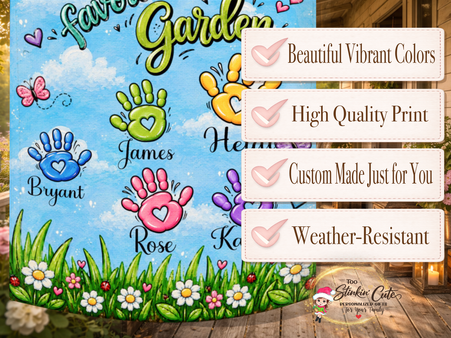 Colorful Grandma garden flag customized with individual grandchildren’s names and handprints