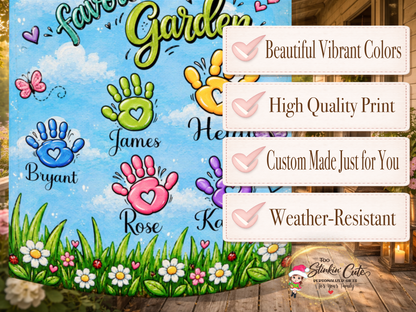 Colorful Grandma garden flag customized with individual grandchildren’s names and handprints