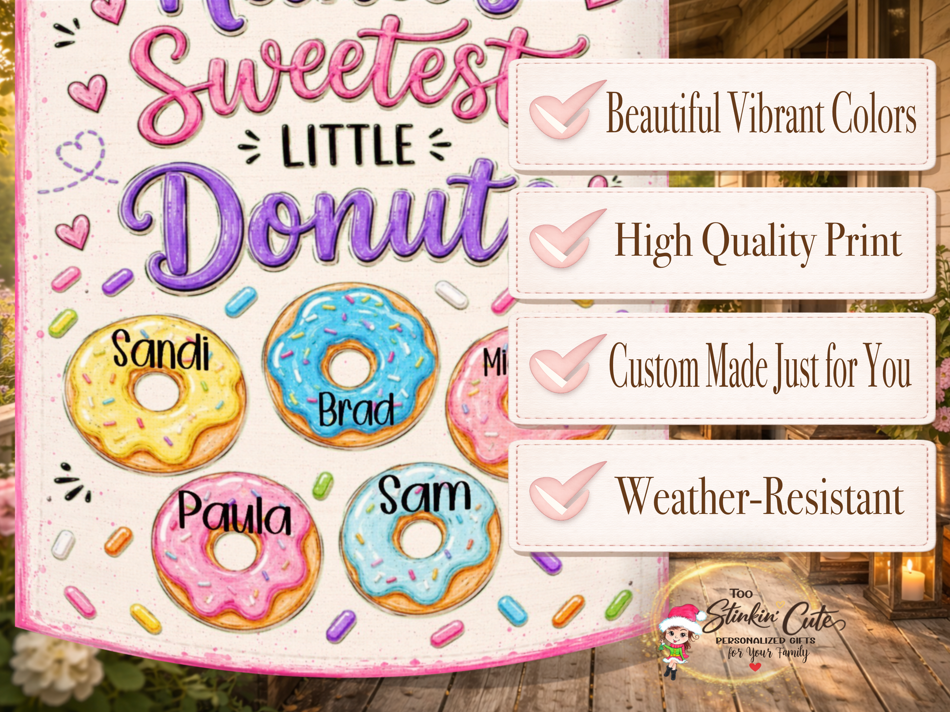 Sweet Nana porch flag featuring pink, purple, blue and yellow donut artwork