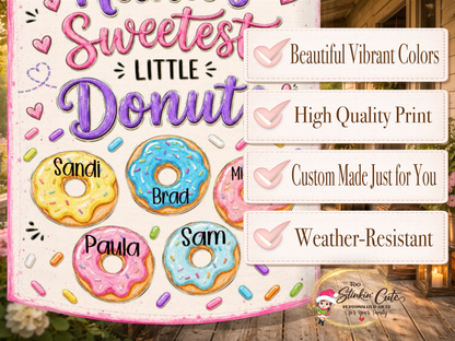 Sweet Nana porch flag featuring pink, purple, blue and yellow donut artwork