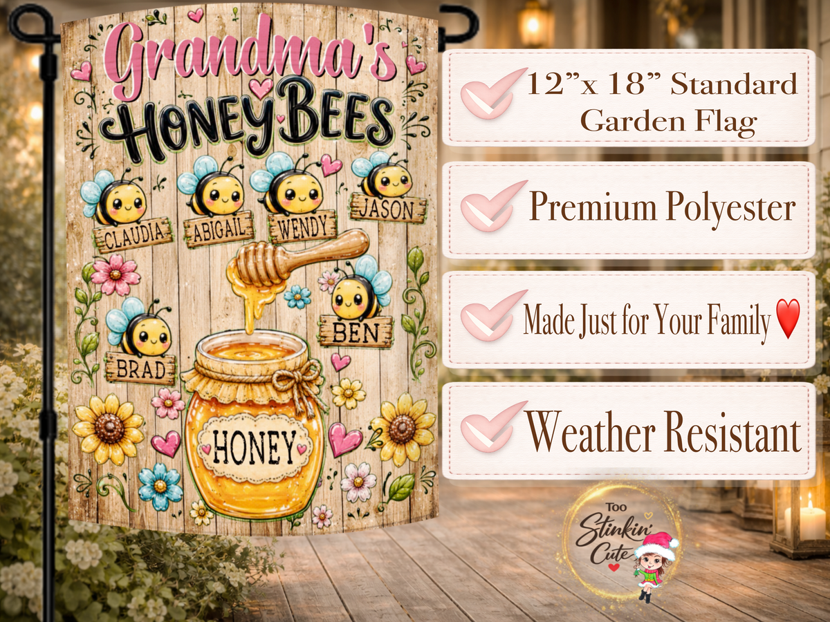 Personalized grandchildren names garden flag with smiling honey bees and rustic floral artwork